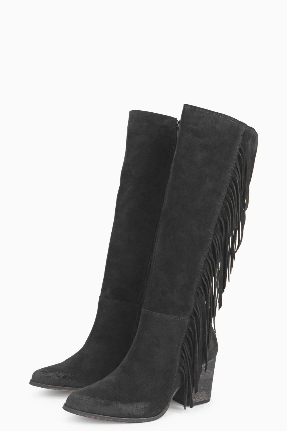 Boohoo Womens Boutique Isabel Leather Fringe Side Knee Boot | eBay