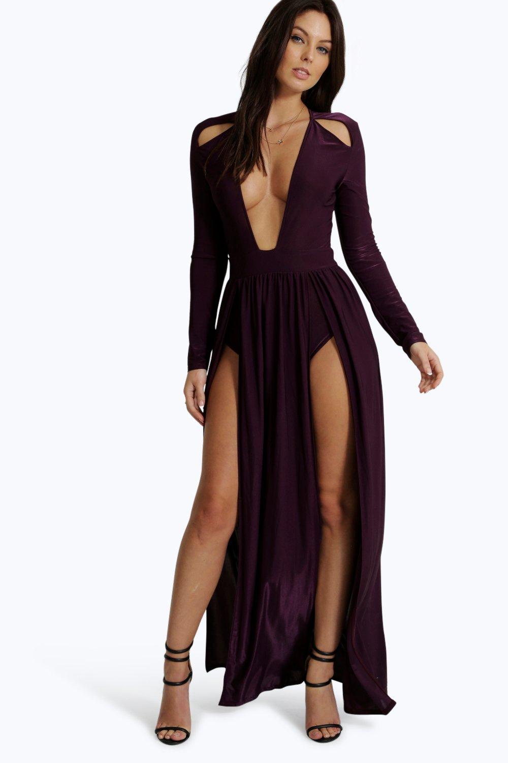 long sleeve plunge maxi dress