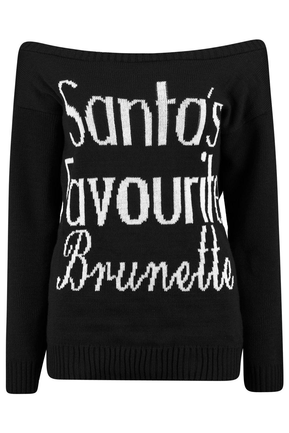 

Santa's Favourite Brunette Slash Neck Christmas Jumper, Черный
