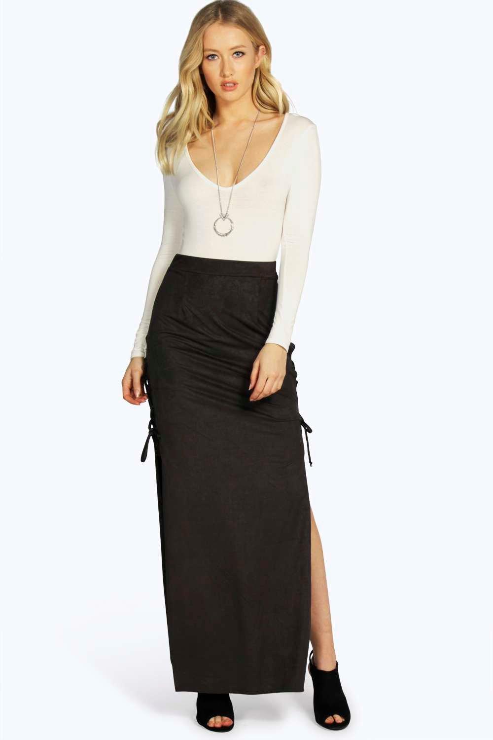 Boohoo Womens Alandria Lace Up Side Suedette Maxi Skirt | eBay