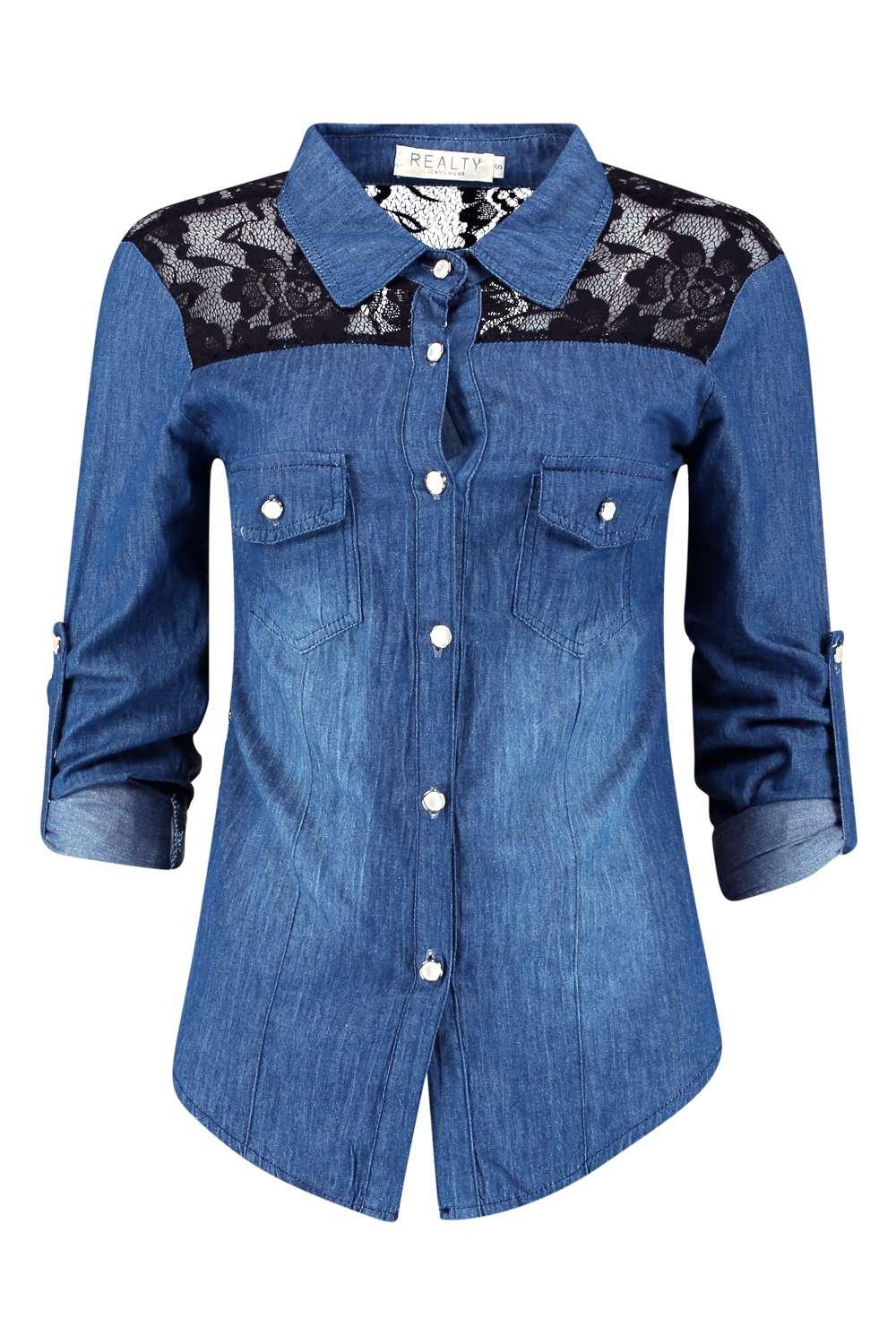 Boohoo Womens Leila Contrast Lace Denim Shirt | eBay