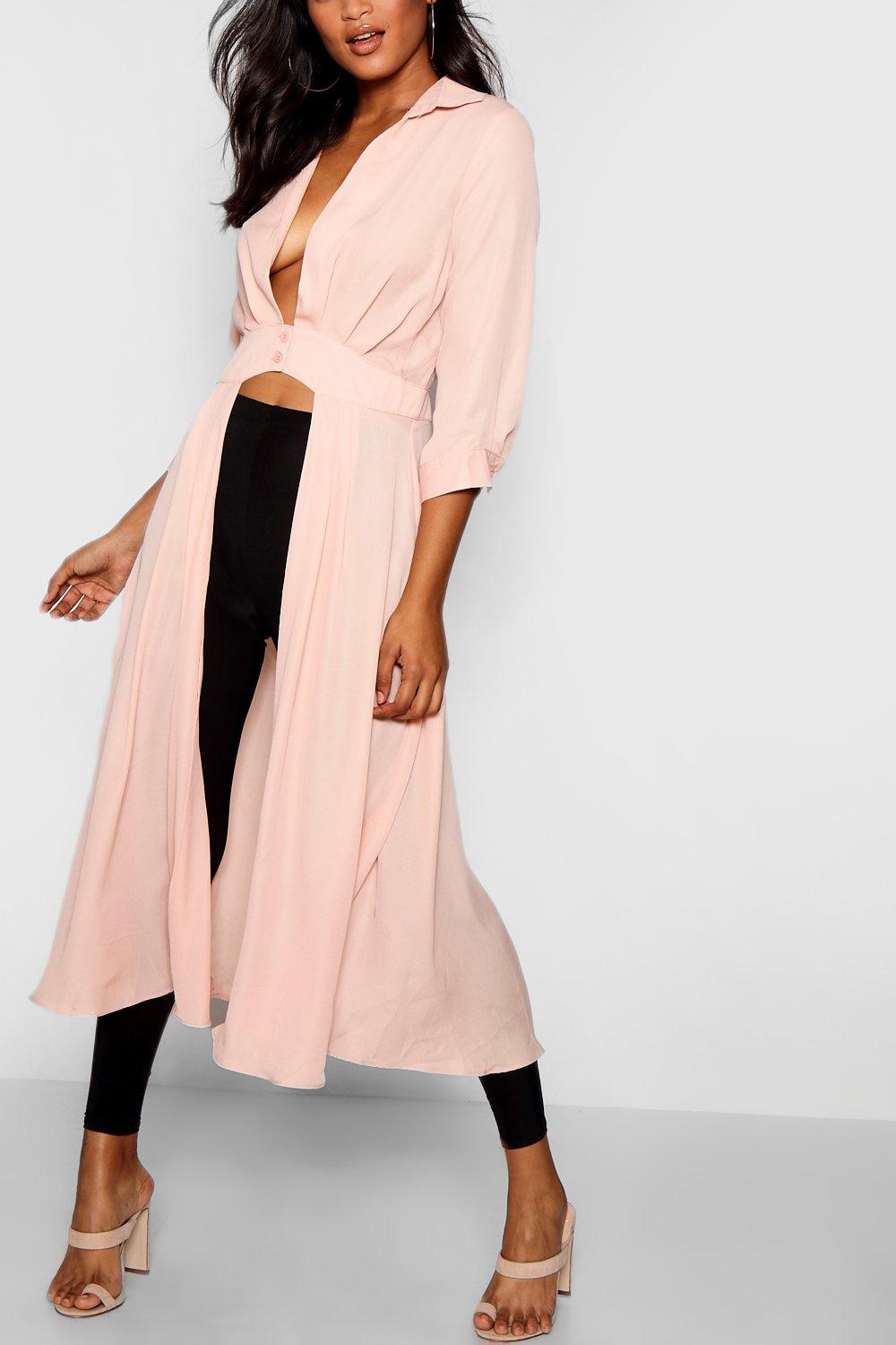 plunge neck split maxi shirt