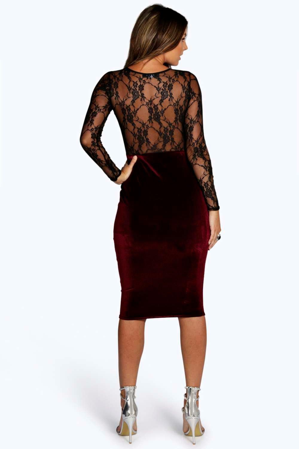 Boohoo Womens Shea Velvet & Lace Long Sleeve Bodycon Dress | eBay