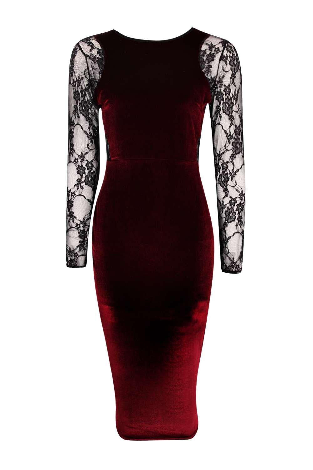 Boohoo Womens Shea Velvet & Lace Long Sleeve Bodycon Dress | eBay