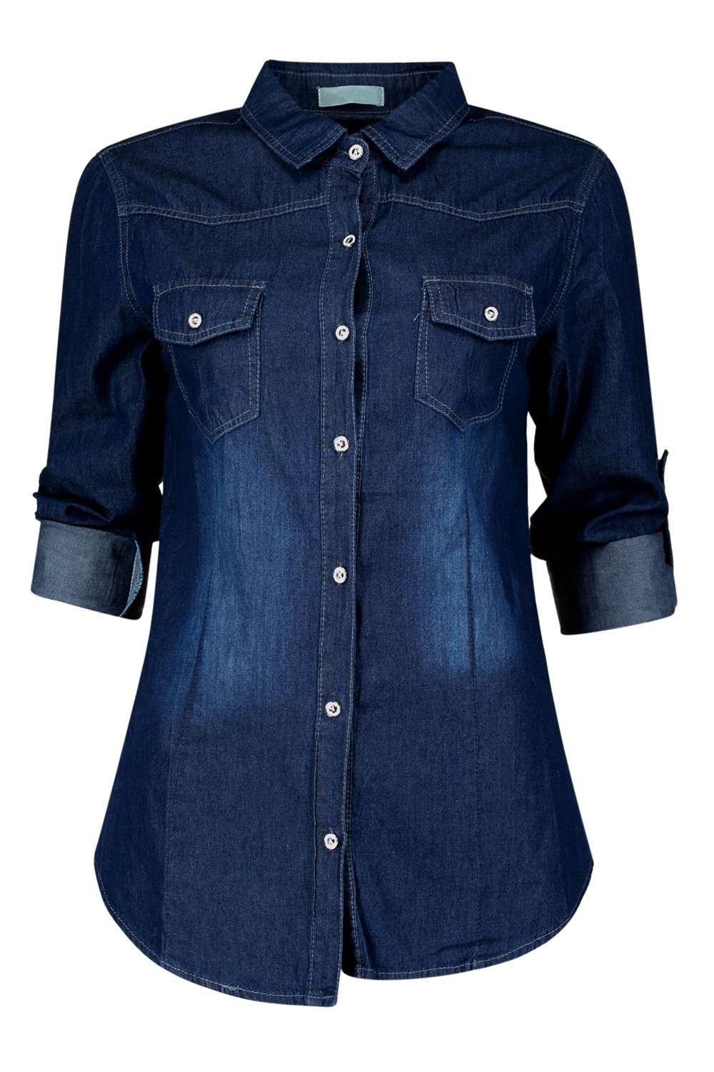 Boohoo Womens Jenna Slim Fit Roll Sleeve Western Denim Shirt | eBay