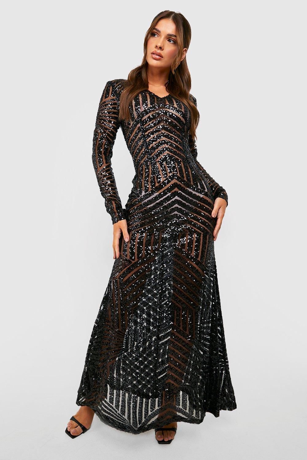 Womens Boutique Sequin Long Sleeve Maxi Bridesmaid Dress - Black - 8, Black