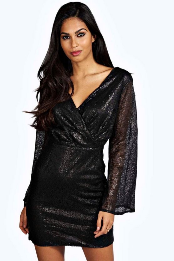 Boutique Lisa Sequin Wrap Sleeve Bodycon Dress | Boohoo