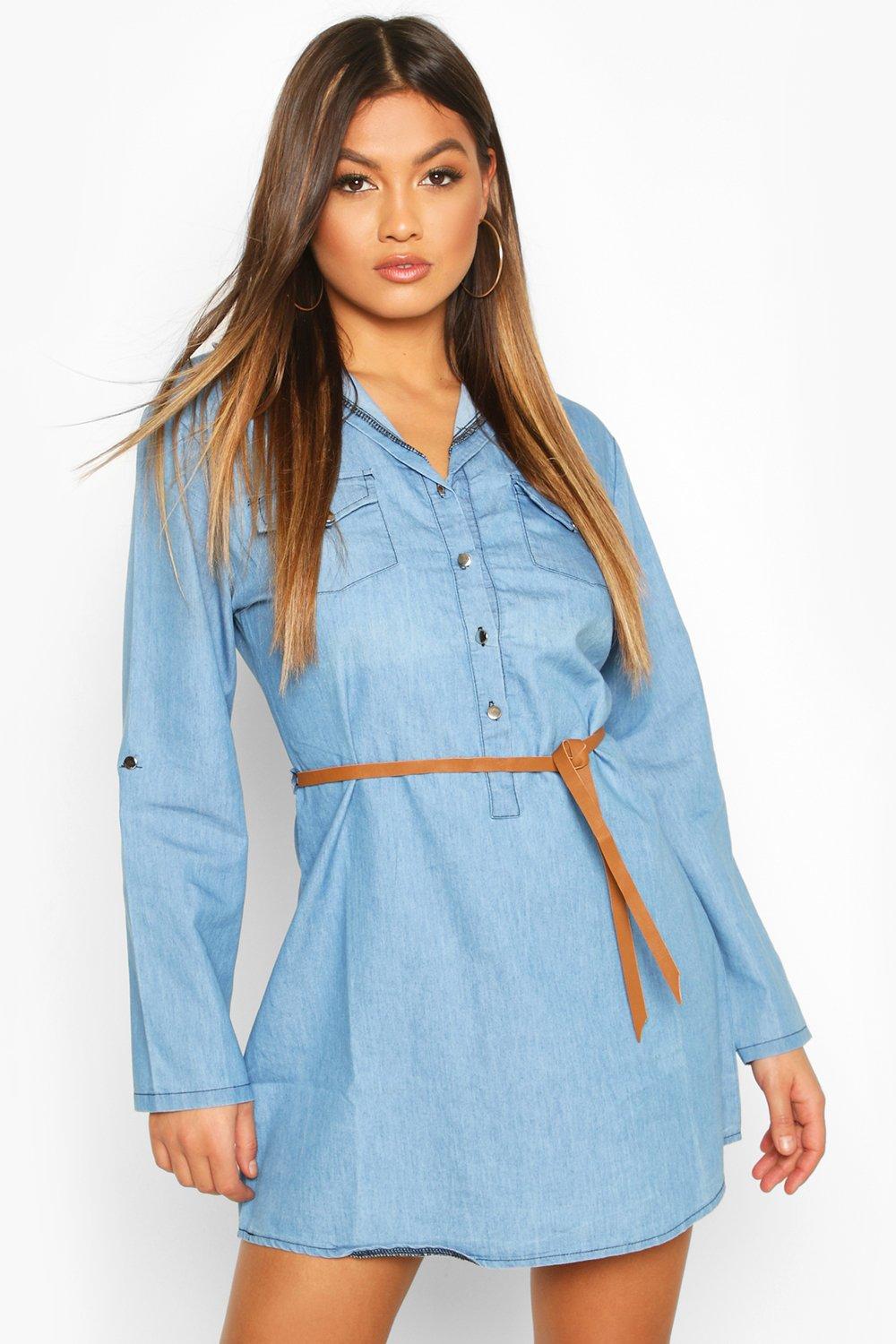 Denim Belted Button Front Shirt Dress | Boohoo