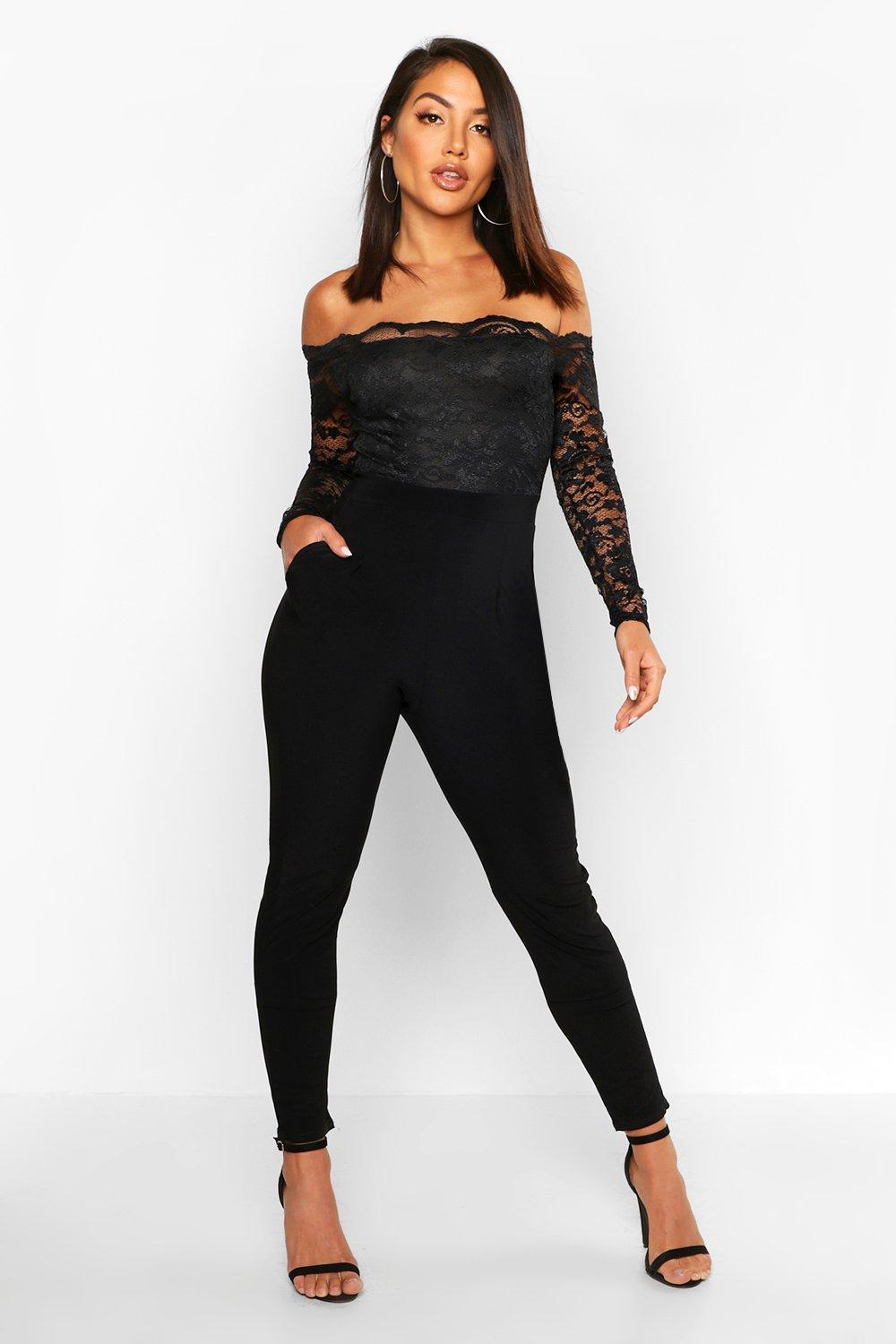 black lace off the shoulder jumpsuit