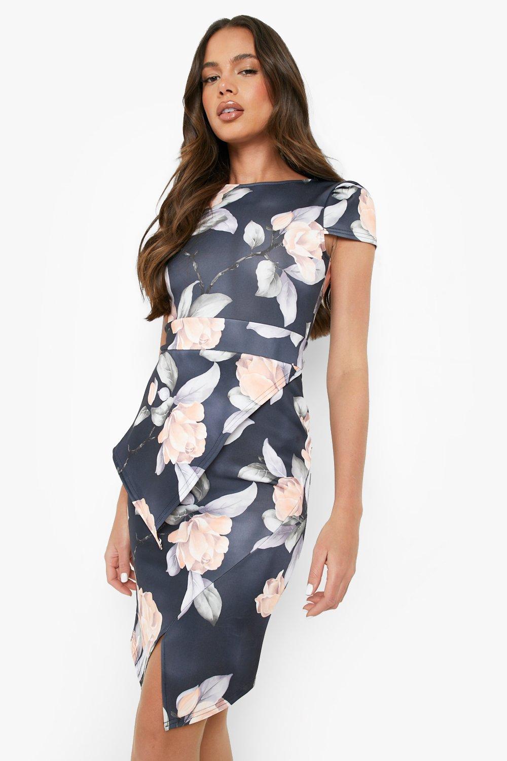 Robe Midi Asymétrique à Basque Imprimé Floral