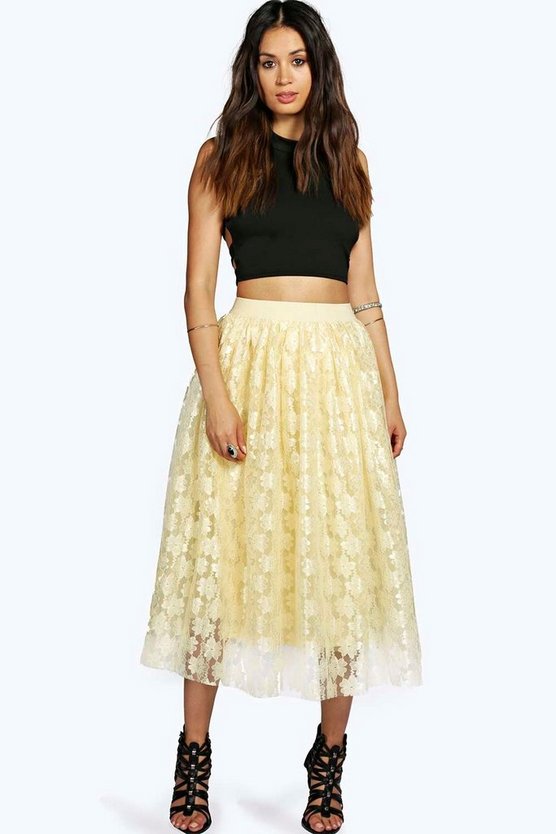 Boutique Rose Contrast Lace Full Midi Skirt | Boohoo