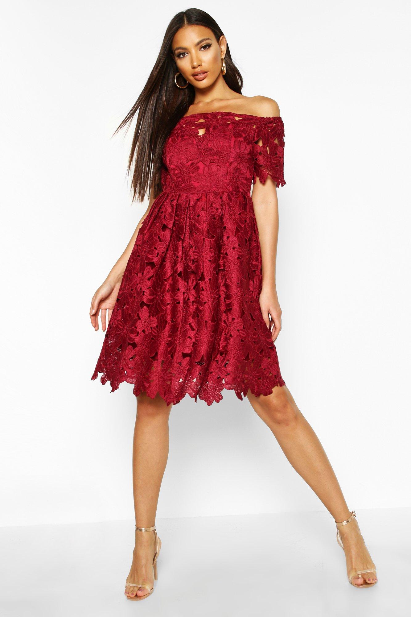 boohoo off shoulder skater dress