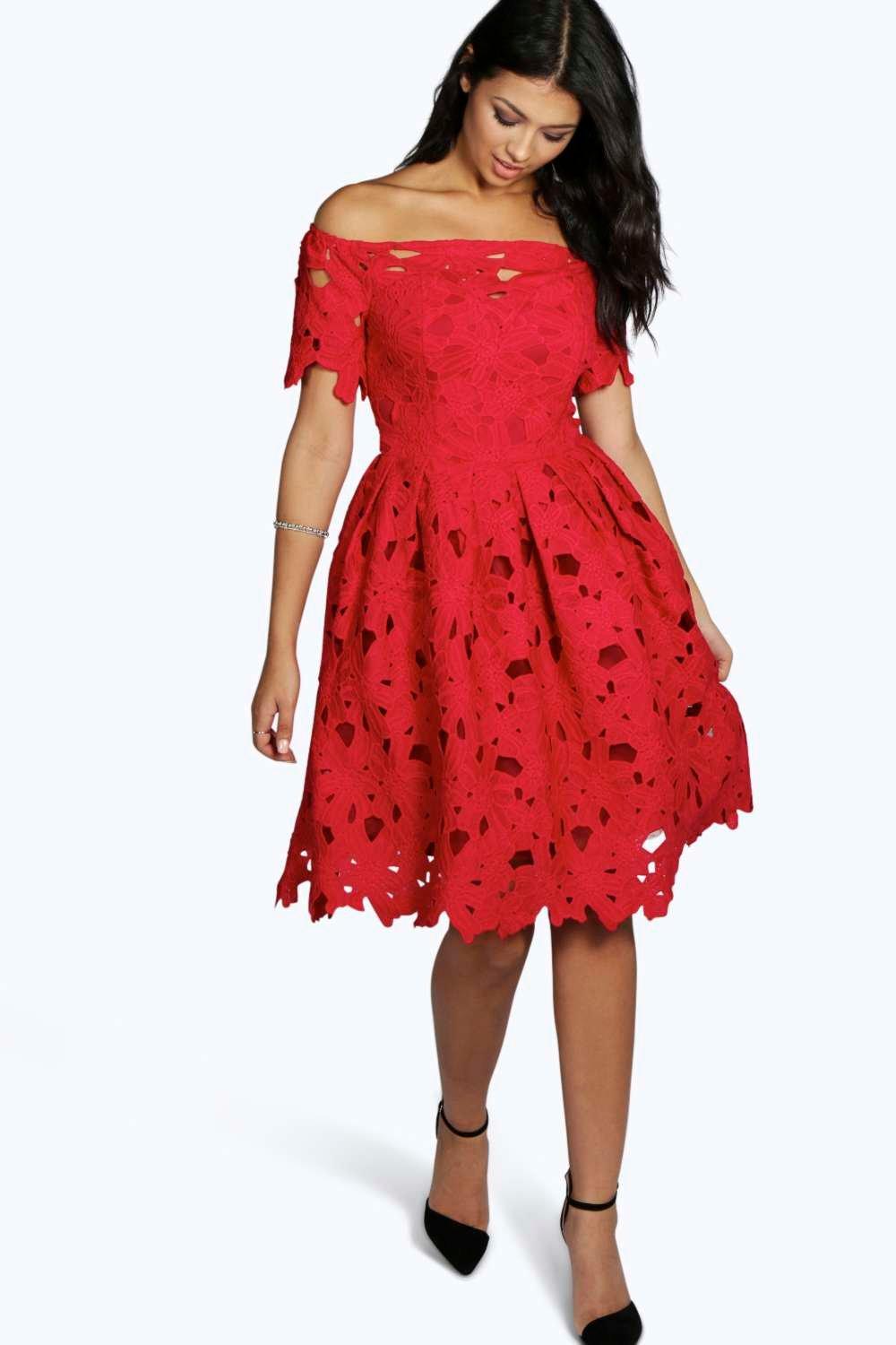 boohoo off shoulder skater dress