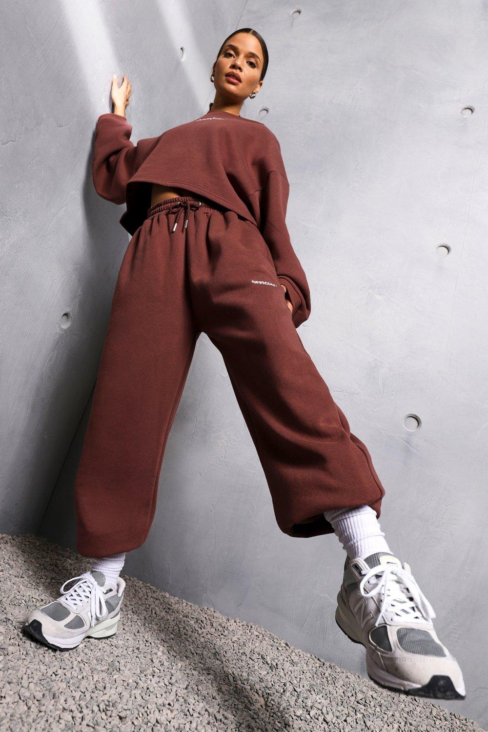 Womens Oversized Slogan Joggers - Brown - 12, Brown