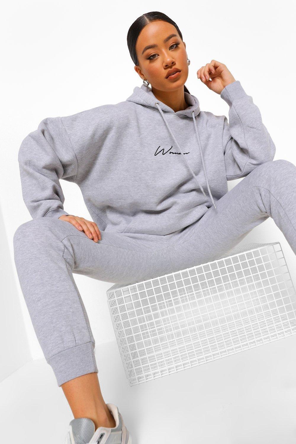 Womens Oversized Woman Embroidered Hooded Tracksuit - Grey - M, Grey