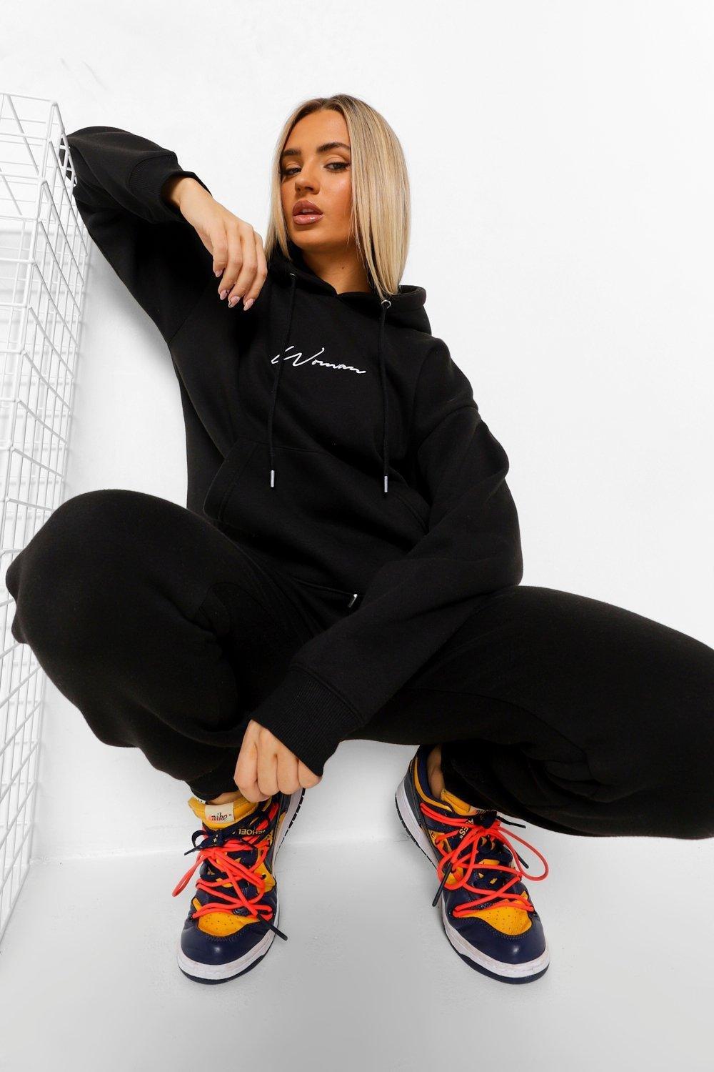 Womens Woman Embroidered Hooded Tracksuit - Black - L, Black