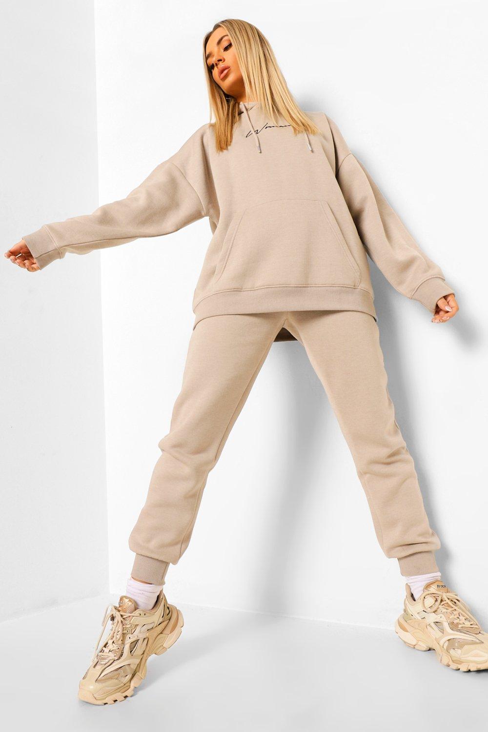 Womens Oversized Woman Embroidered Hooded Tracksuit - Beige - L, Beige