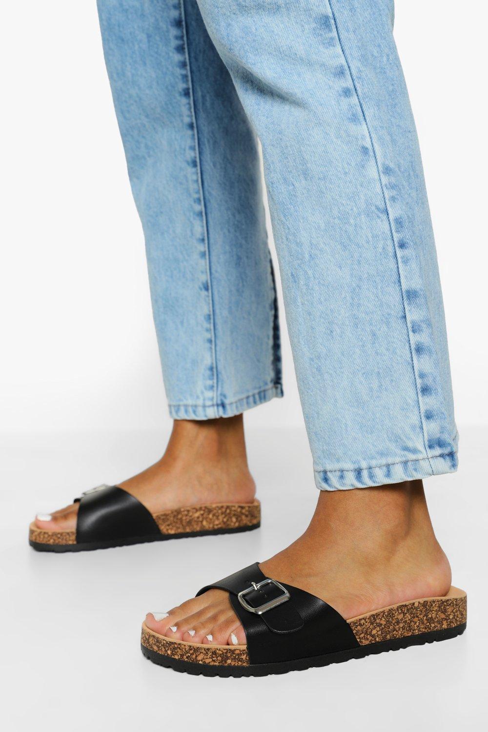 Womens Buckle Footbed Slider - Black - 3, Black