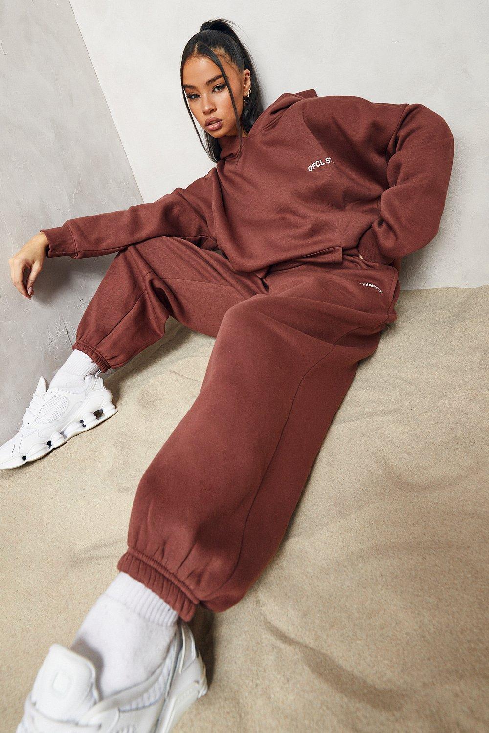 Womens Oversized Embroidered Hooded Tracksuit - Brown - Xs, Brown