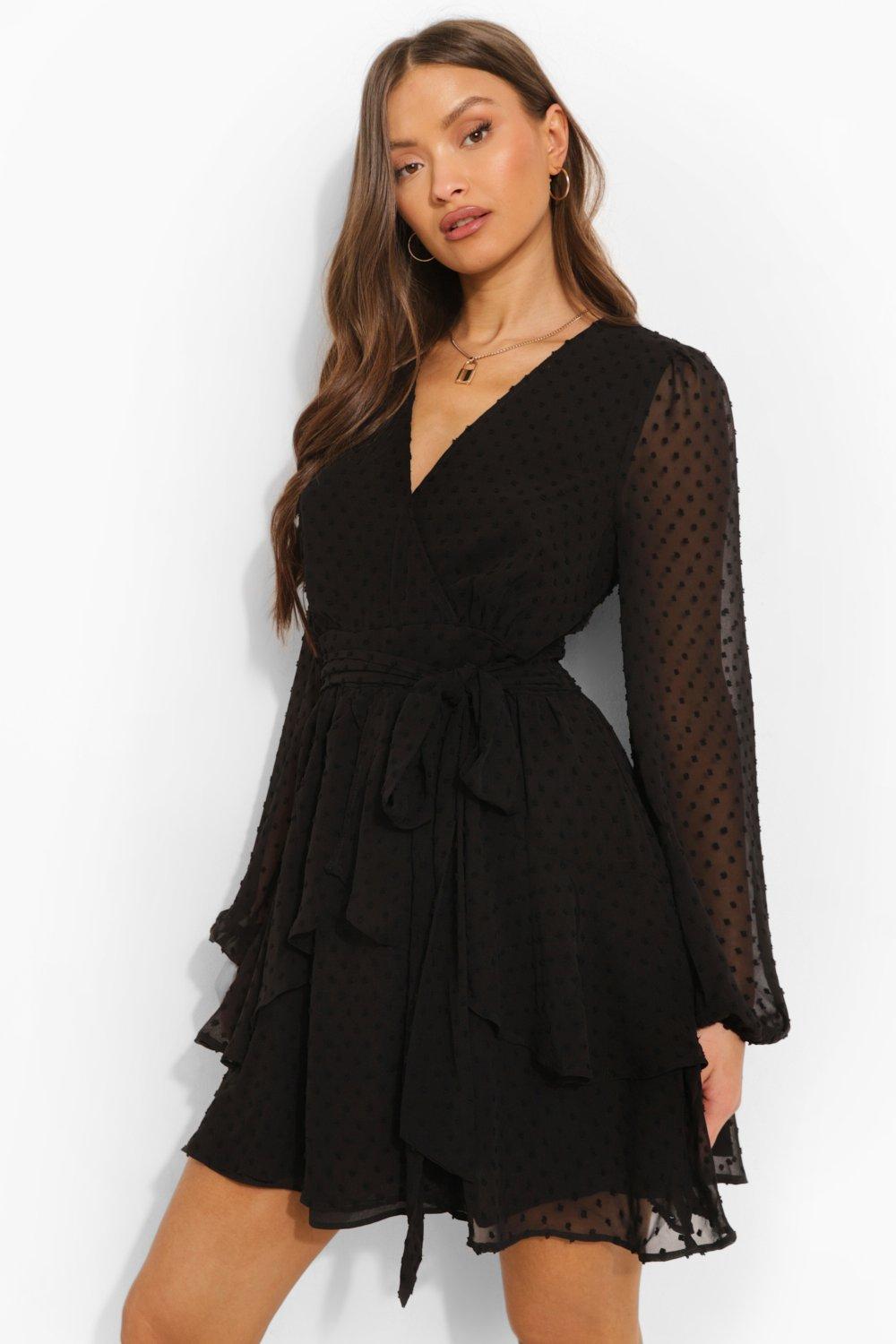 Womens Ruffle Hem Dobby Chiffon Mini Dress - Black - 10, Black
