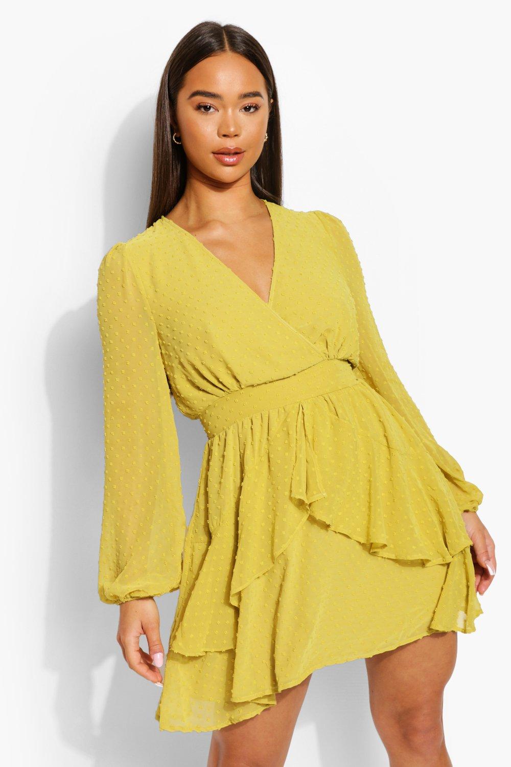 womens ruffle hem dobby chiffon mini dress - yellow - 8, yellow
