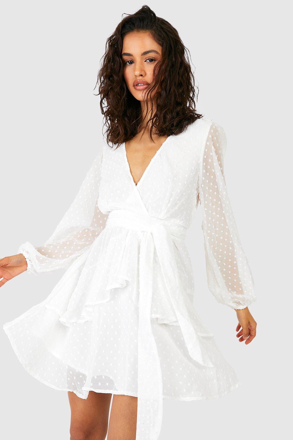 Womens Ruffle Hem Dobby Chiffon Mini Dress - White - 10, White