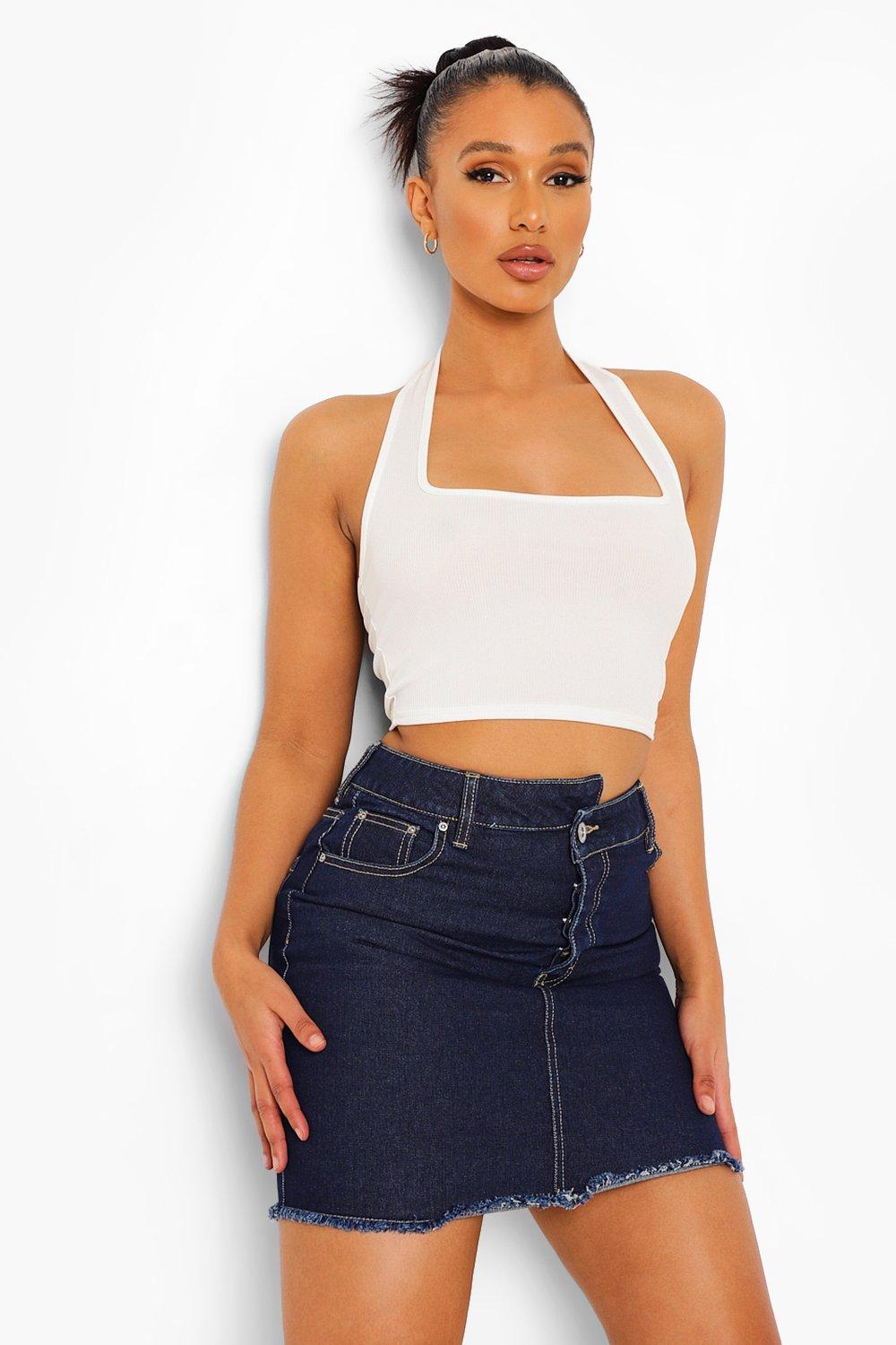 Boohoo Asymmetrische Spijkerrok Met Taille Band, Dark Blue