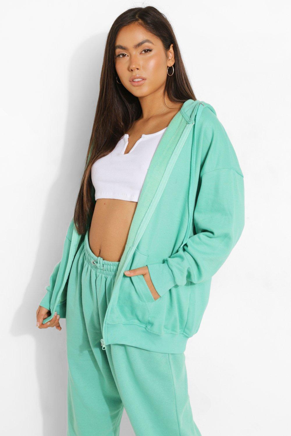 Womens Basic Oversized Zip Through Hoodie - Green - S, Green