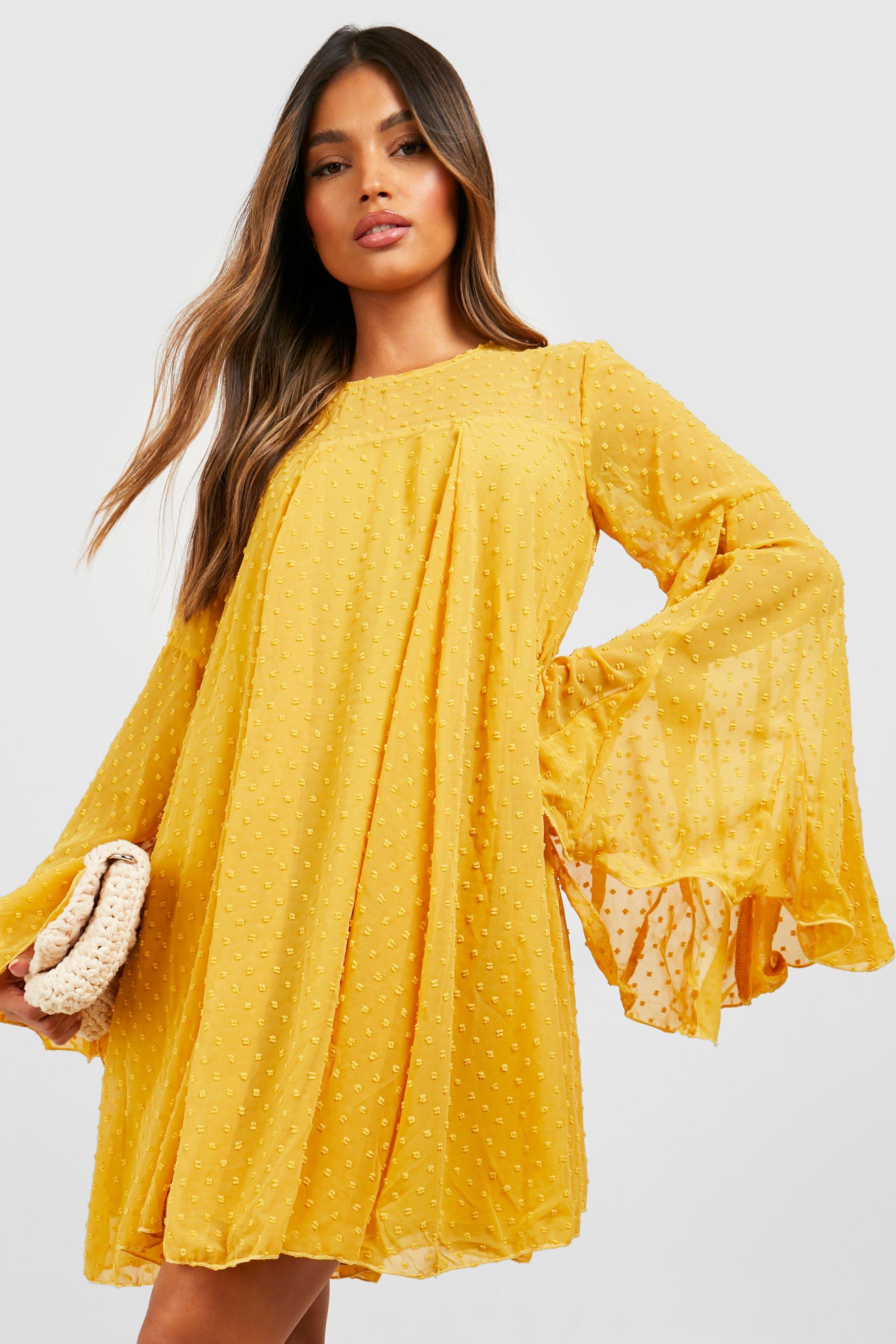 70s Clothes & 1970s Fashion Womens Dobby Mesh Pleated Detail Smock Dress - Yellow - 6 $24.00 AT vintagedancer.com