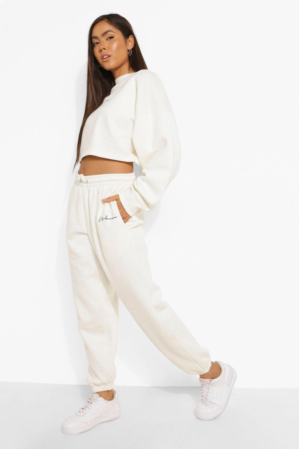 Womens Oversized Embroidered Woman Joggers - Cream - M, Cream