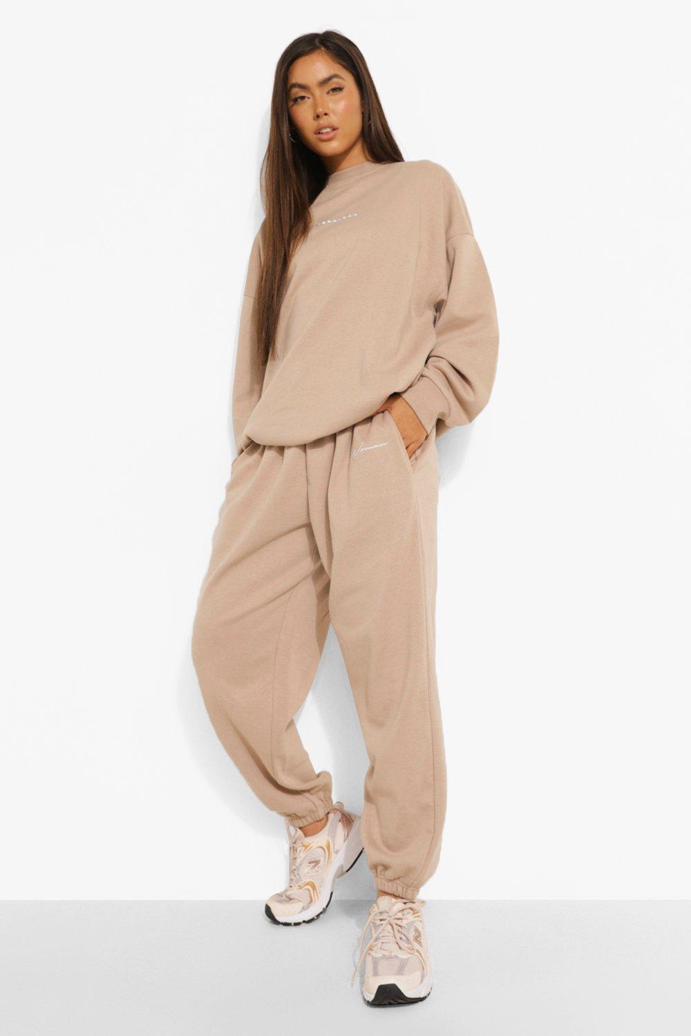 Womens Oversized Embroidered Woman Joggers - Beige - S, Beige
