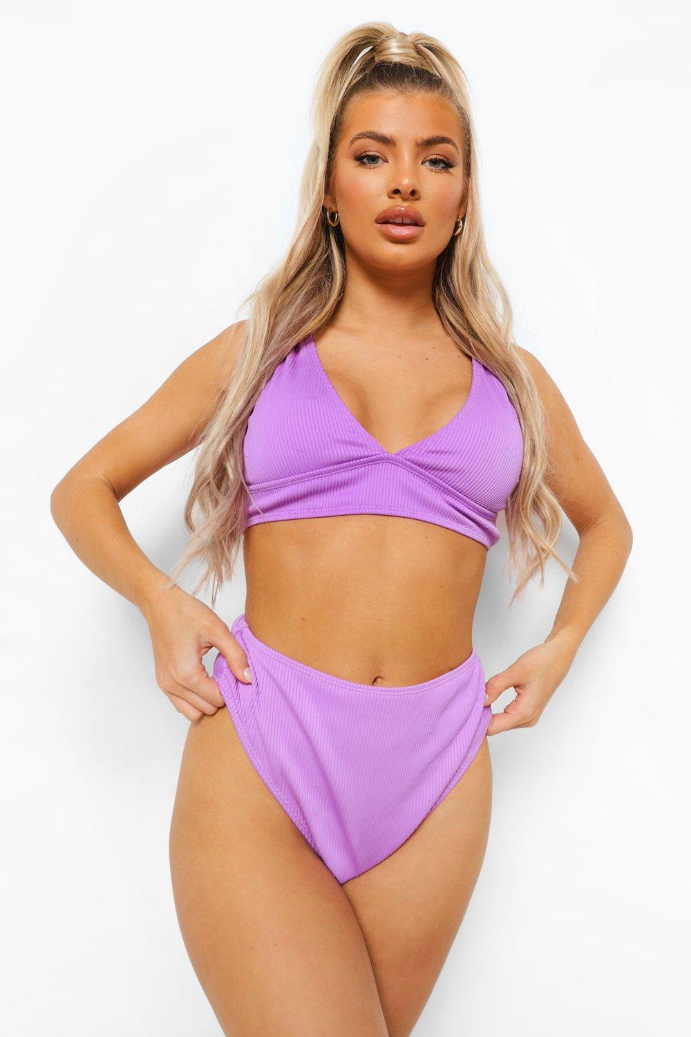 Womens Ribbed Mix And Match Plunge Triangle Bikini Top - Purple - 6, Purple
