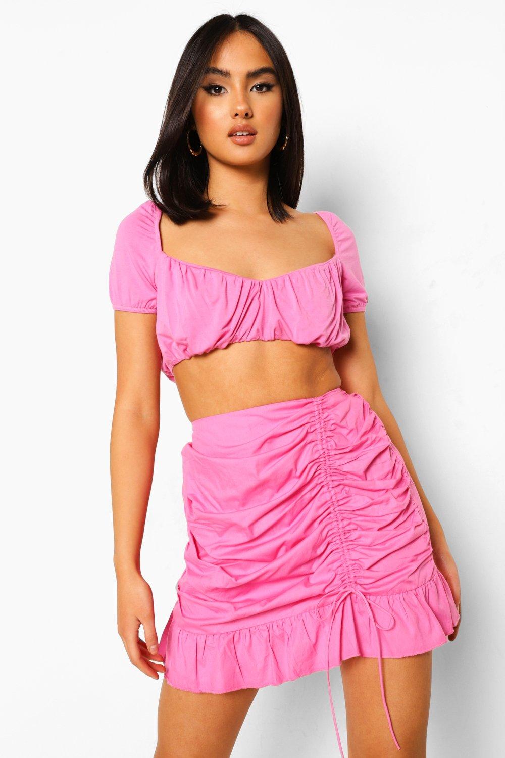 Boohoo Geplooid Katoenen Mini Rokje Met Franjes, Pink