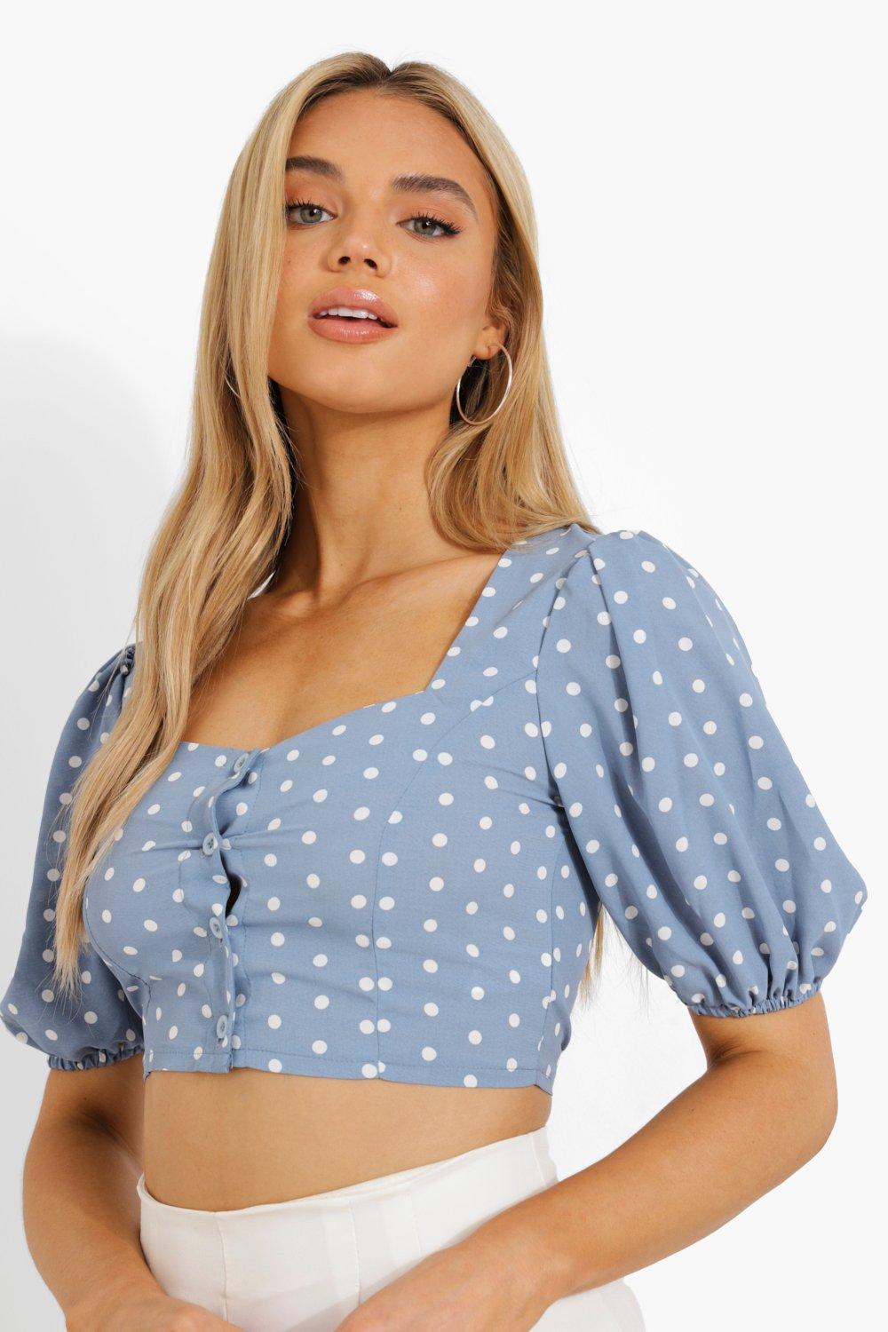 Top Boutonné À Pois - Bleu Pâle - 36, Bleu Pâle