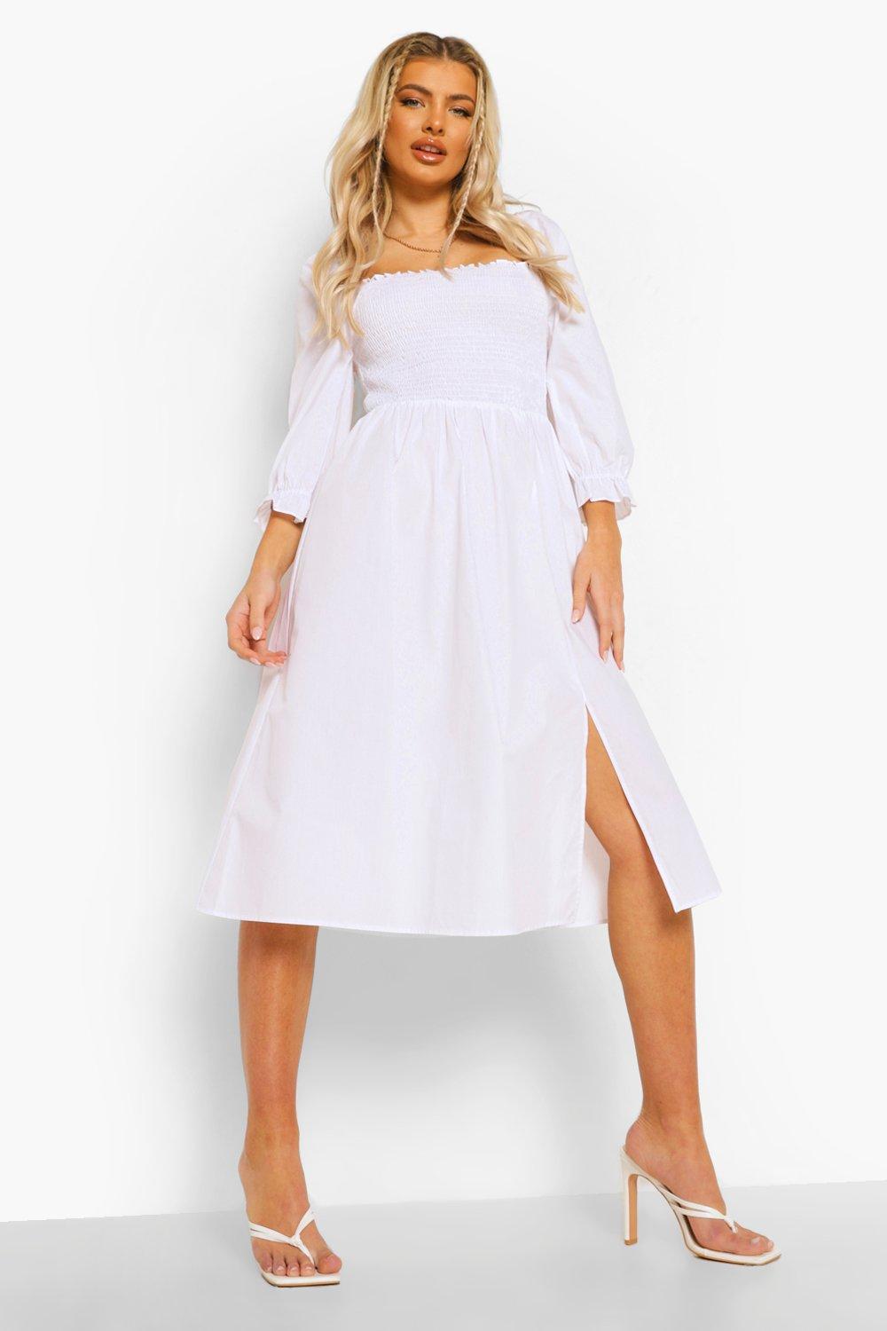 Womens Cotton Shirred Puff Sleeve Midi Dress - White - 10, White