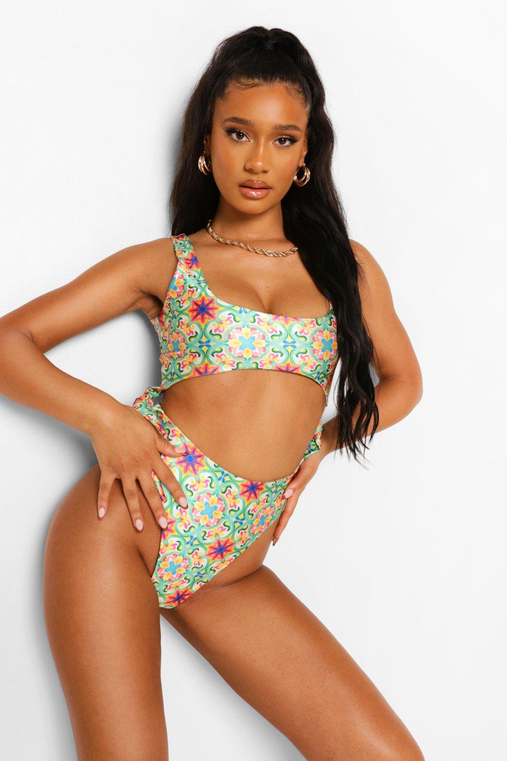 Womens Tile Print Cut Out Tie Detail Swimsuit - Green - 6, Green
