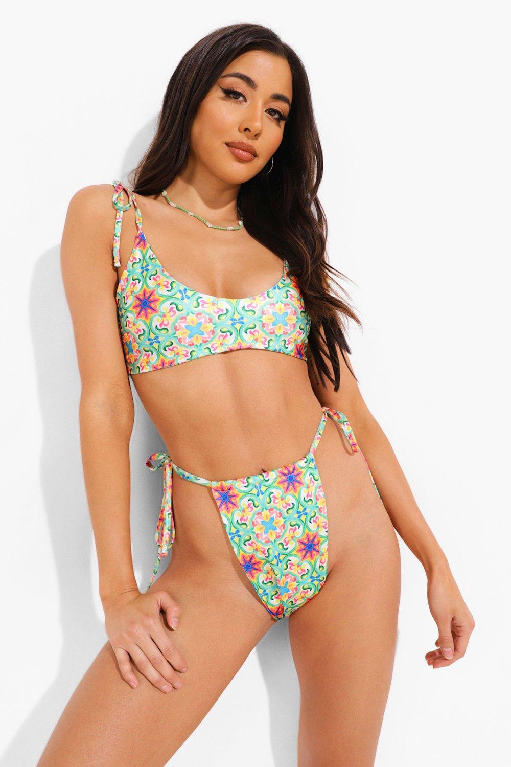 Womens Tile Print Cross Tie Bikini Top - Green - 16, Green