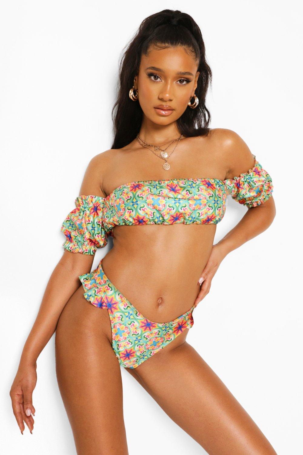 Womens Tile Print Frill Bandeau Bikini Top - Green - 8, Green