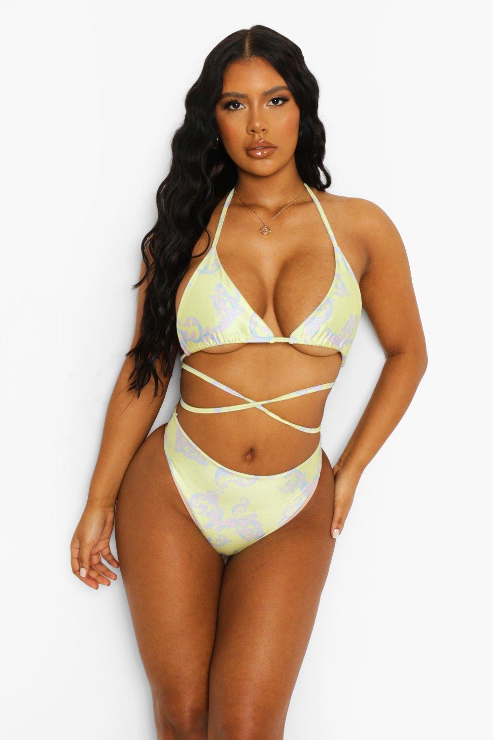 Womens Brocade High Leg High Waist Bikini Brief - Yellow - 8, Yellow
