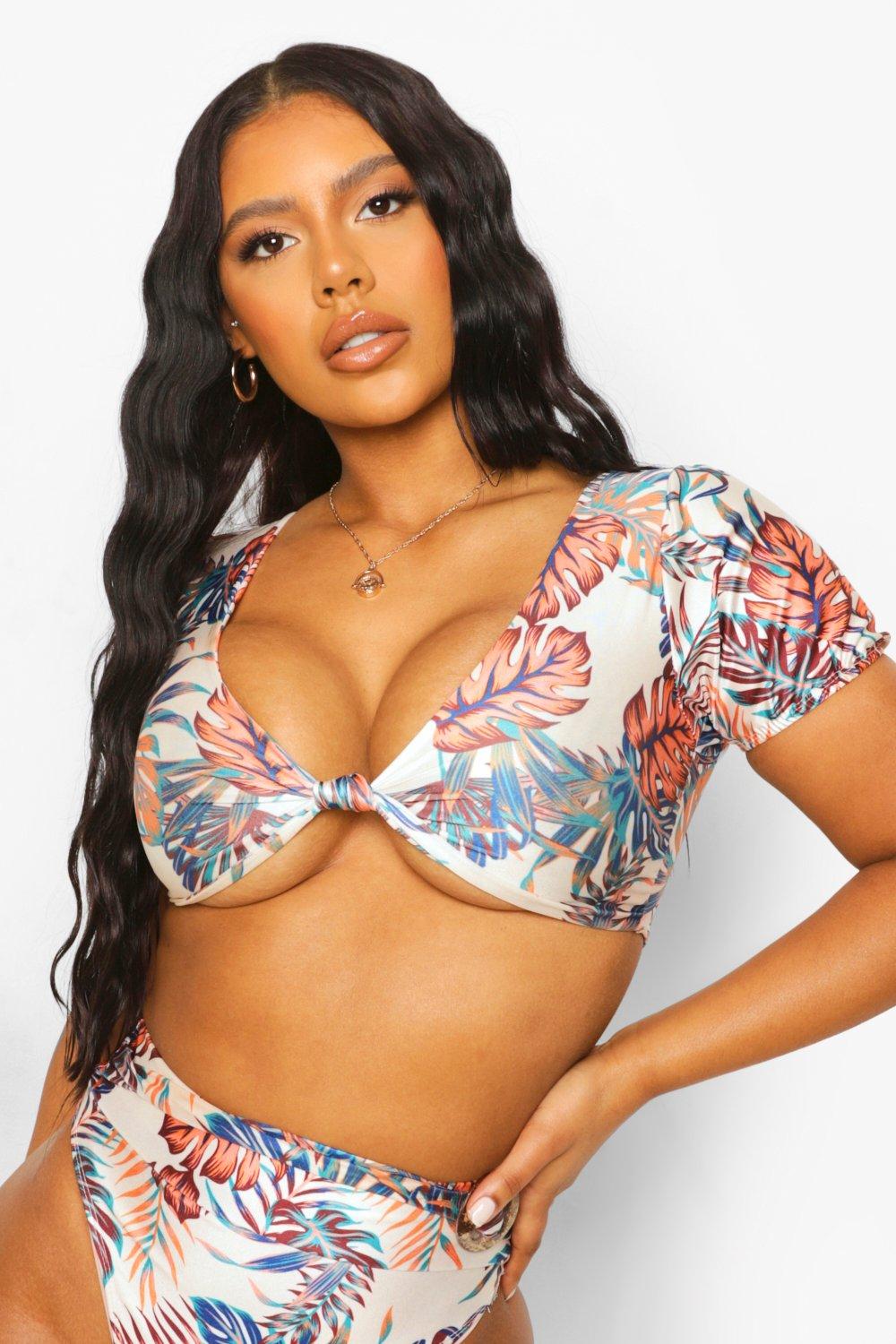 Womens Tropical Puff Sleeve Bikini Top - White - 12, White