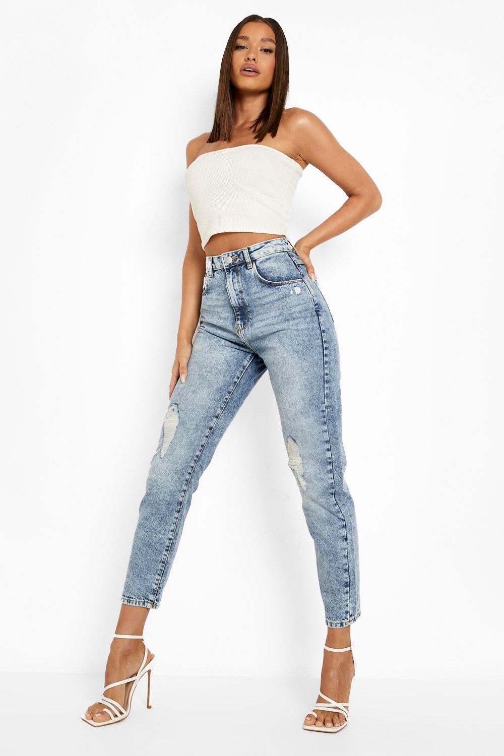 Must Have Womens High Waist Slashed Knee Mom Jeans - 10 from Boohoo | Shop