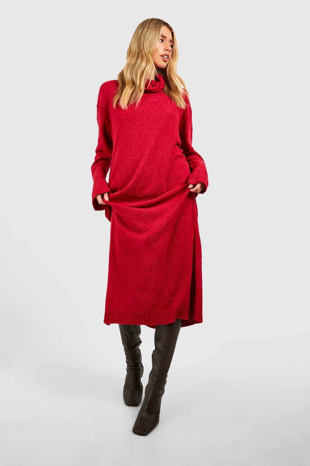 Image of Vestito longuette in maglia con scollo a cappuccio, Rosso