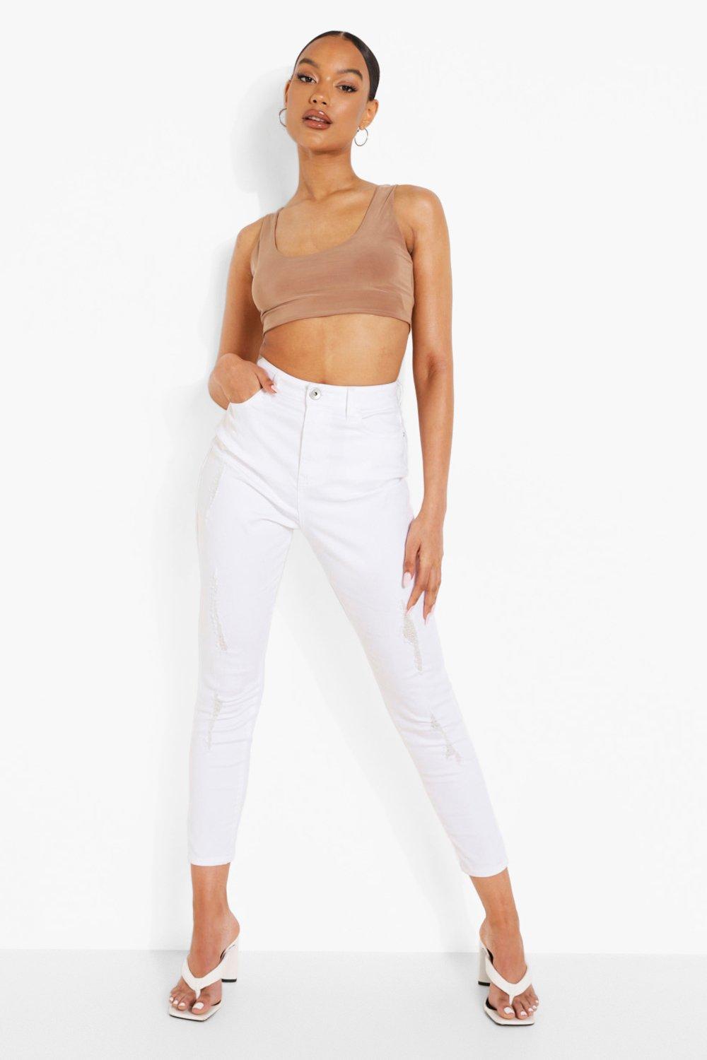 Boohoo Versleten High Rise Skinny Jeans, White