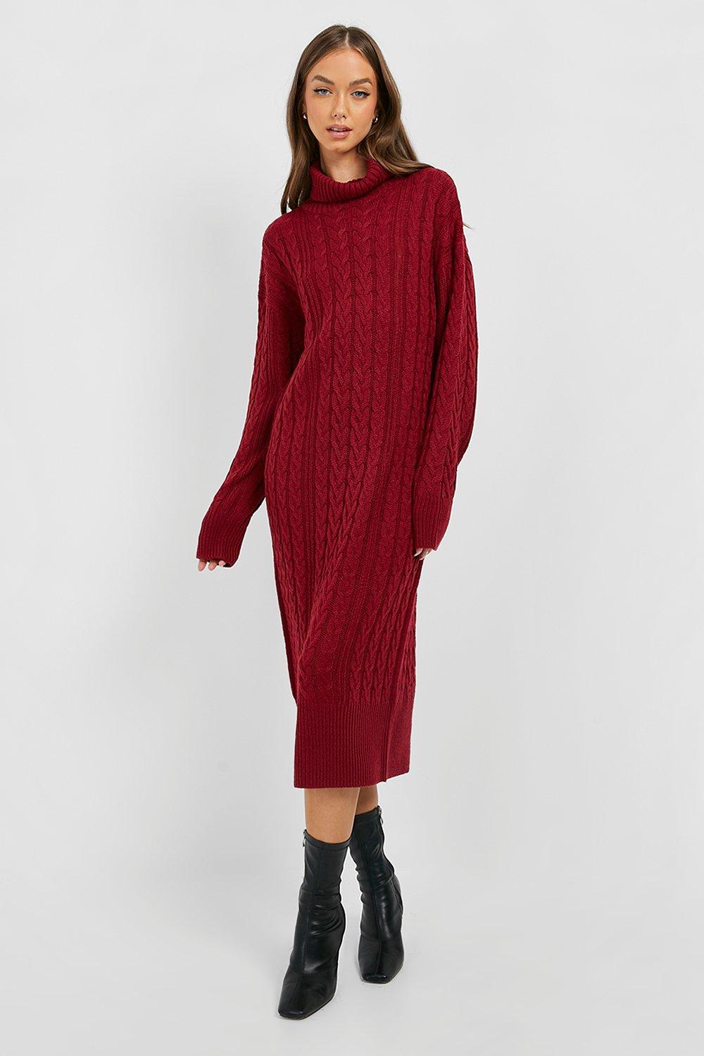 Womens Cable Knit Roll Neck Midi Dress - Red - S, Red