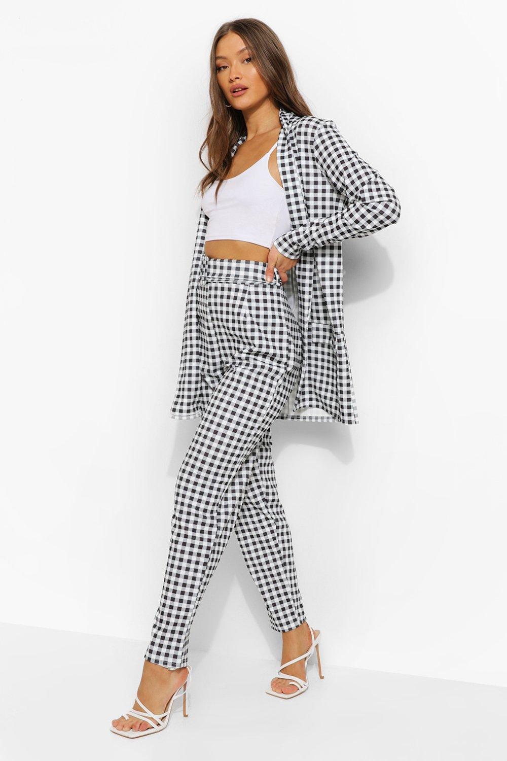 gingham blazer and self fabric belted trouser