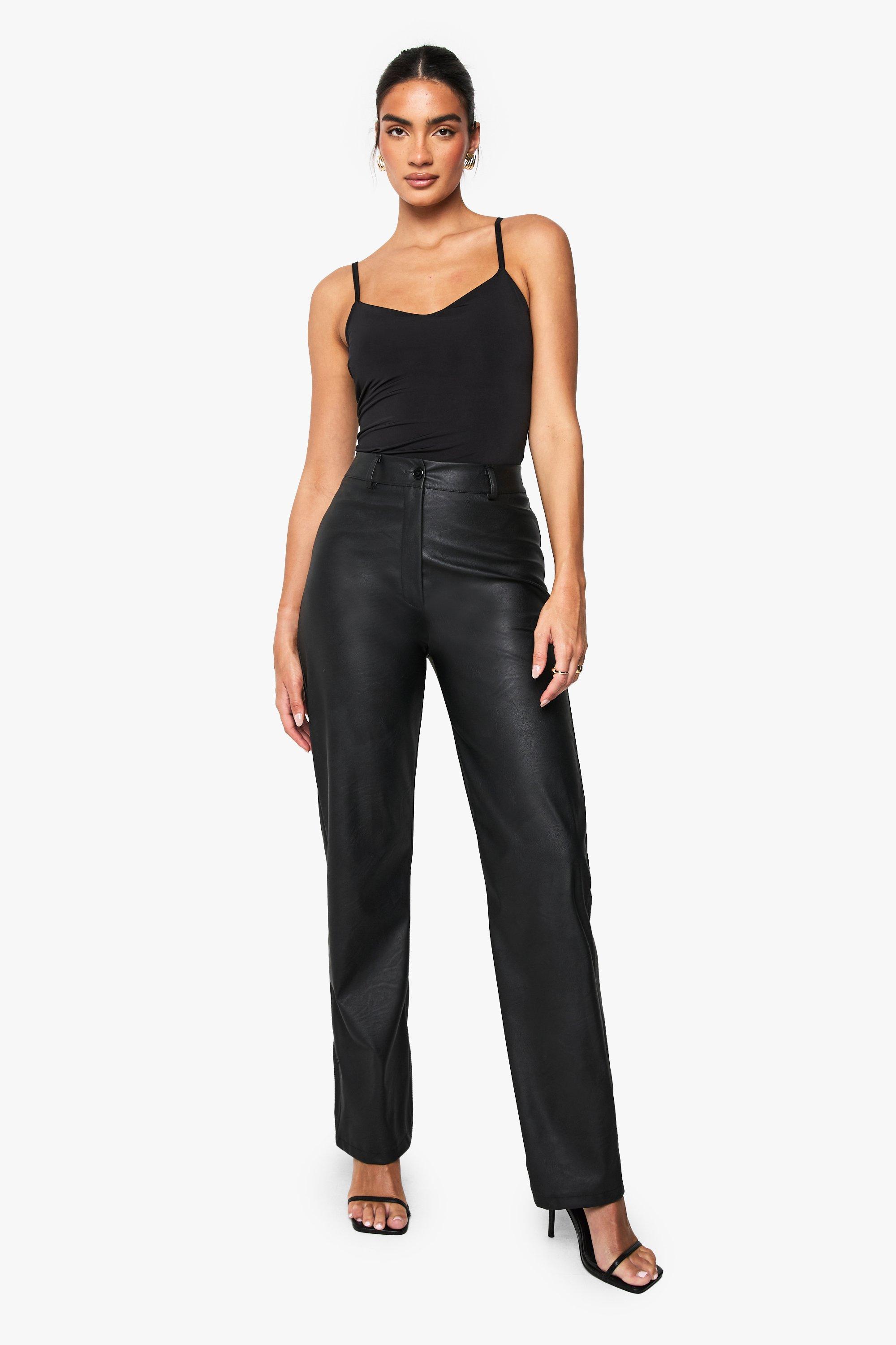 Womens Straight Leg Leather Look Trousers - Black - 6, Black