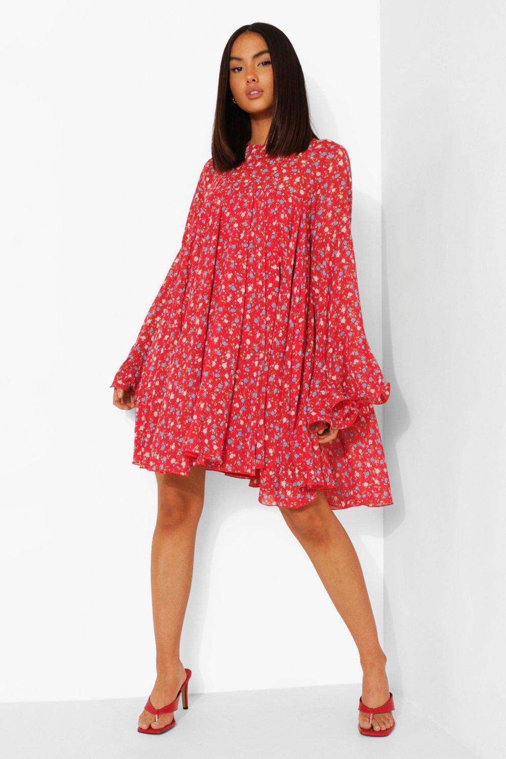 Womens Floral Print Pleated Detail Smock Dress - Red - 8, Red