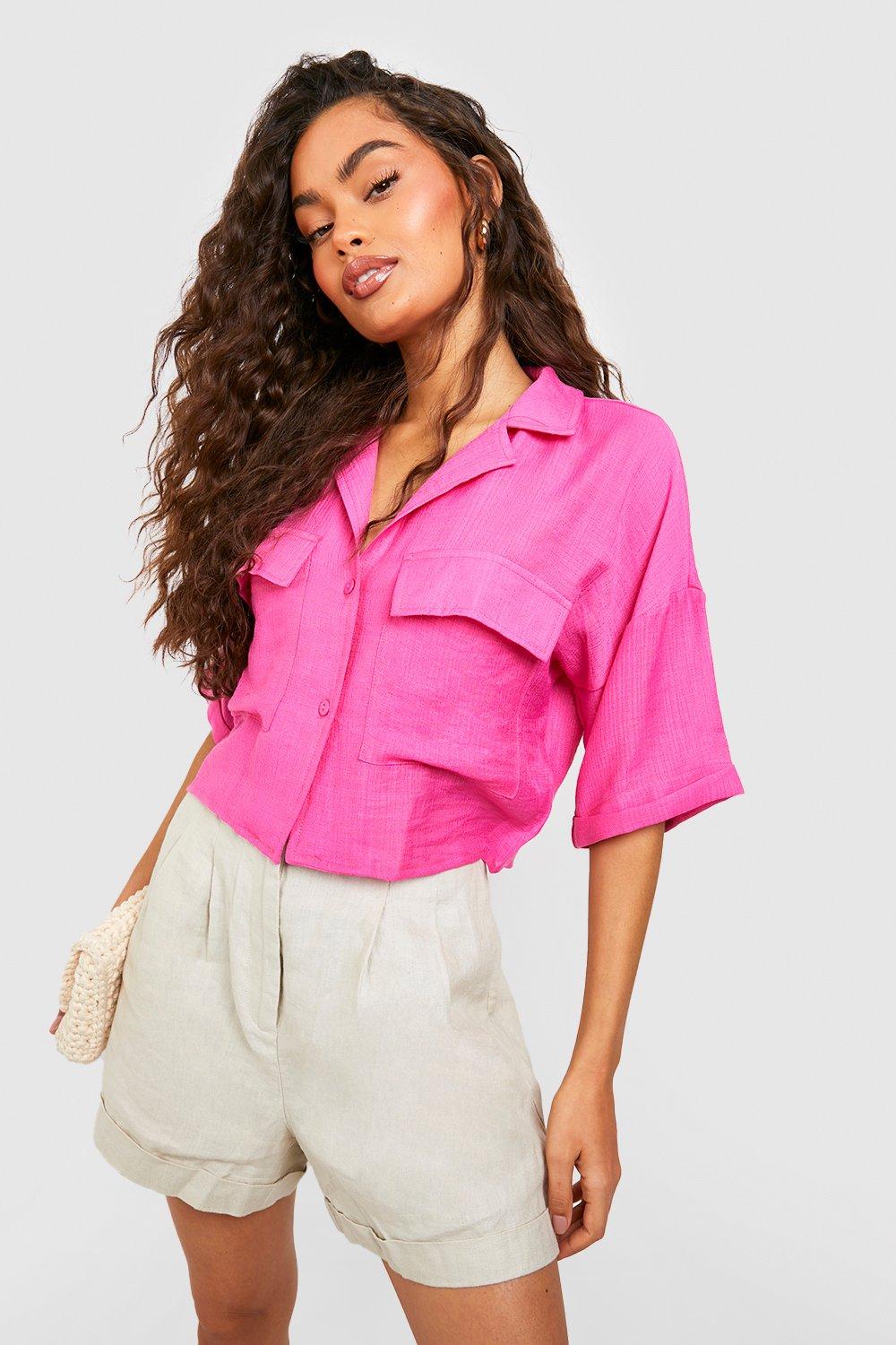 Image of Camicia oversize effetto lino, Pink