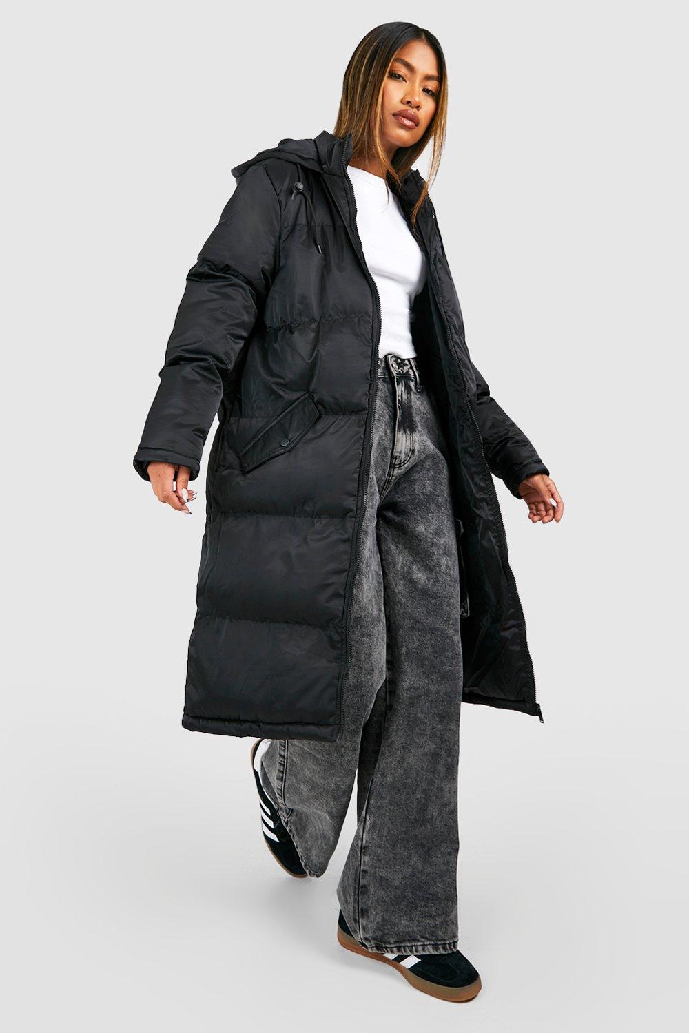 Womens Longline Hooded Padded Puffer Jacket - Black - 8, Black