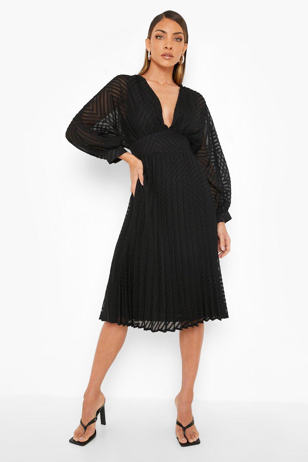 Womens Dobby Mesh Pleated Balloon Sleeve Midi Dress - Black - 18, Black 24 Awaiting product image